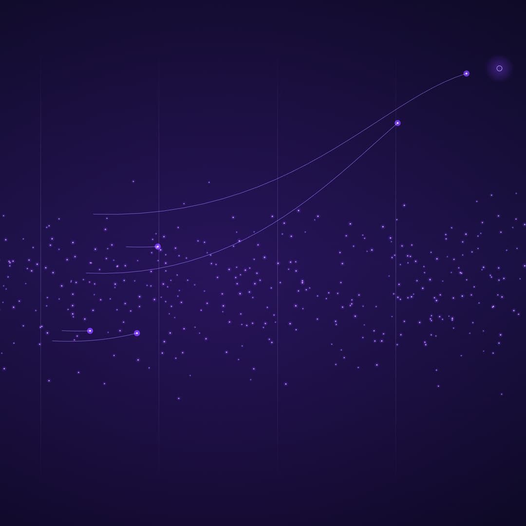 Koyu indigo zeminde soldan sağa akan mor parçacıklardan oluşan geniş bir bant; ince bir azınlık akıştan ayrılıp yukarı kıvrılan bir yörünge çizerek sağ üstte ayrı duran küçük bir halkaya yöneliyor