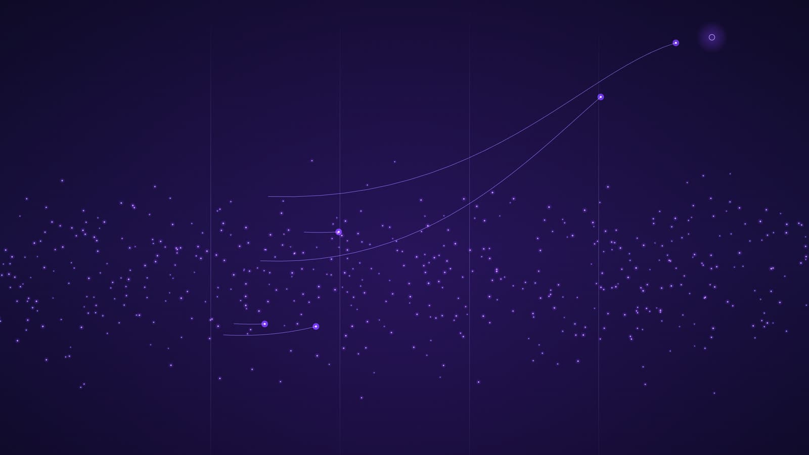 Koyu indigo zeminde soldan sağa akan mor parçacıklardan oluşan geniş bir bant; ince bir azınlık akıştan ayrılıp yukarı kıvrılan bir yörünge çizerek sağ üstte ayrı duran küçük bir halkaya yöneliyor